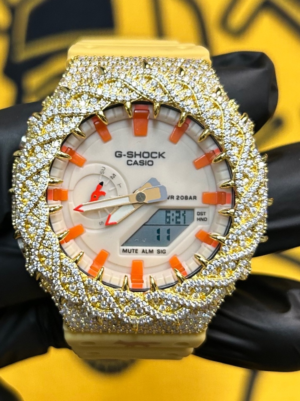 Iced Out Custom G-Shock – Gold Tone Bezel & Case with Clear Stones, Cream Dial,